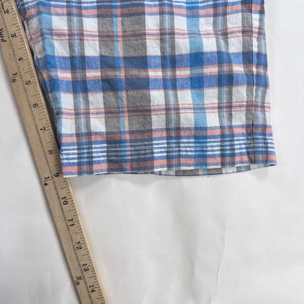 Tommy Bahama Mens Shorts 32 Blue Pink Plaid Linen Blend Flat Front Coastal